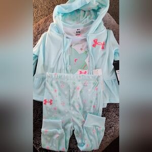 Under armour Girls 3 piece set,  Blue and white with some pink. 6-9 months.